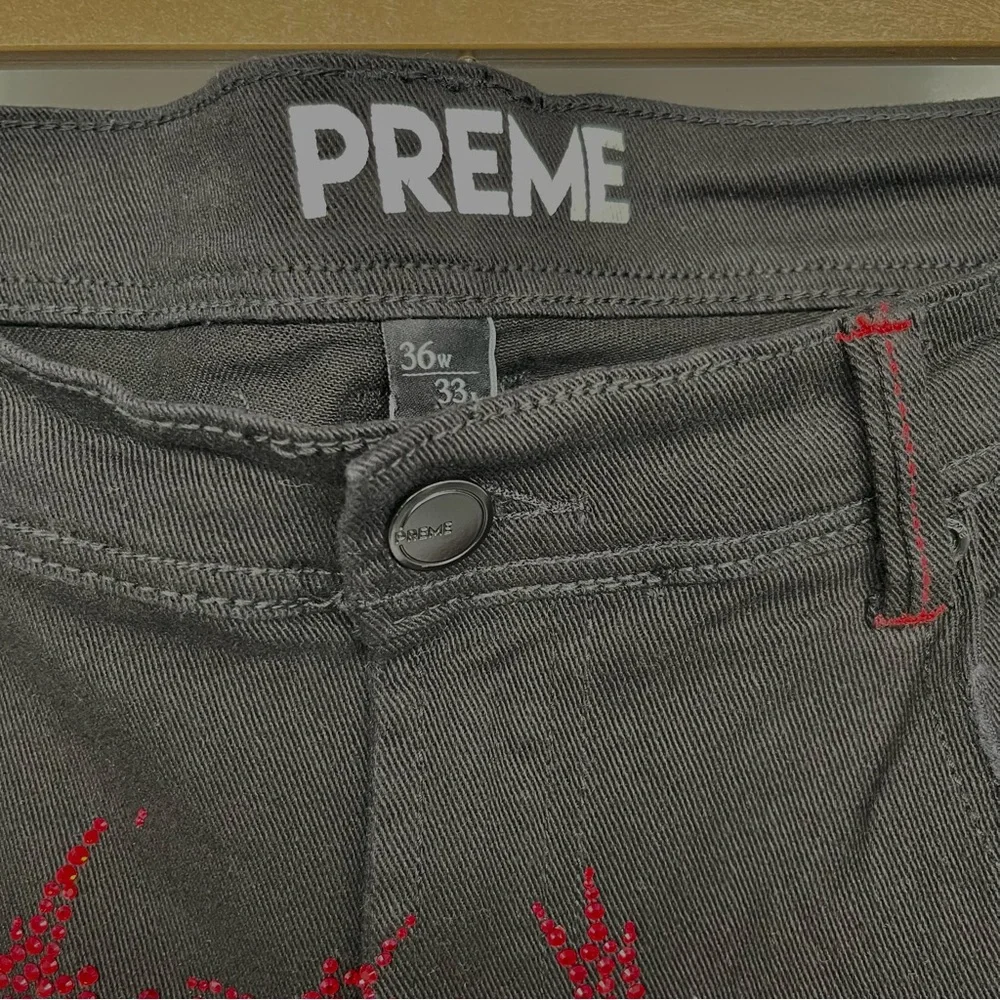 Preme Jeans Men’s Size 36x33 Black Distressed with Red Bedazzled Logo Grunge